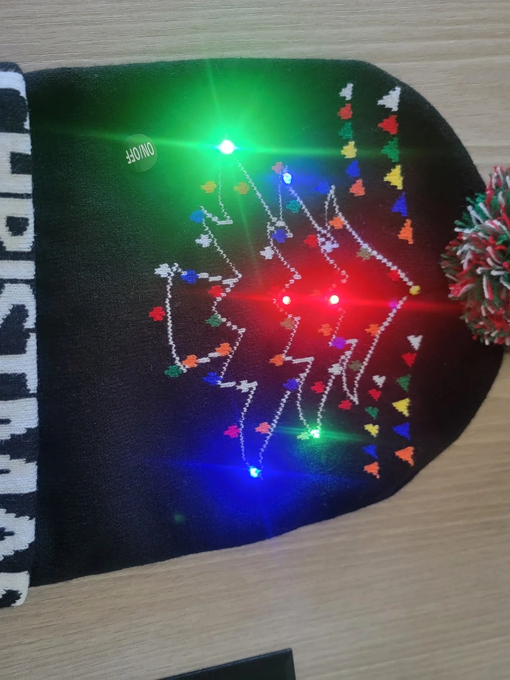 Unisex Adult Black Beanie Hat with Colorful Embroidered Lights